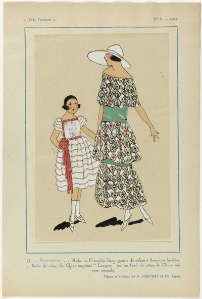 Très Parisien, 1923, No 6: 11.-SOEURETTE. - 1. Jurk in witte Crisseldy... door Anonymous