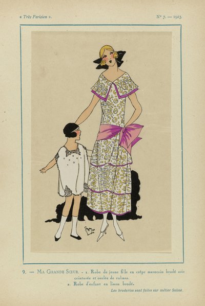 Très Parisien, 1923, No 7: 9.- MA GRANDE SOEUR. - 1. Robe de jeune fille... door Anonymous