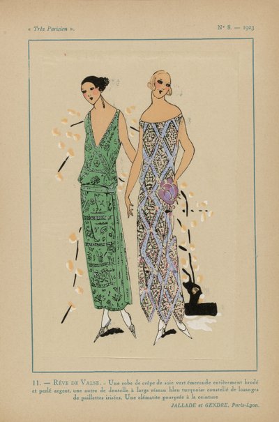 Très Parisien, 1923, No 8: 11.- REVE DE VALSE. - Een crêpe de soie jurk... door Anonymous