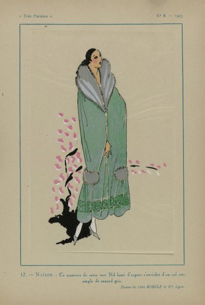 Très Parisien, 1923, No 8: 17.- NAÏADE. - Deze mantel van groene satijn... door Anonymous