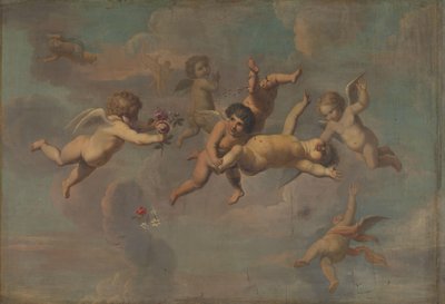 Tuimelende putti met bloemen door Anonymous