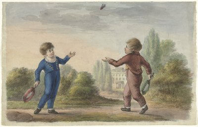 Twee jongens spelen badminton door Anonymous