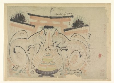 Twee vossen bij een Japanse tempel door Anonymous