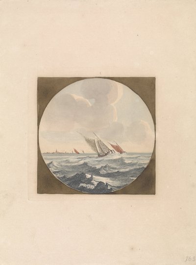 Twee zeilschepen op zee en een stad aan de kust Schepen op zee (serie B) (serie) door Anonymous