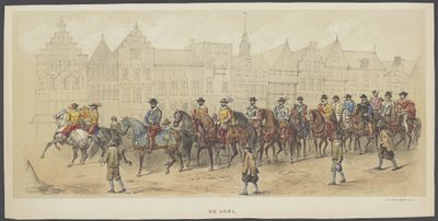 Utrechtse maskerade, plaat a: de adel, 1856 De Adel. De Grondleggers van Neêrlands Vrijheid, (tijd van Willem I) voorgesteld door H.H. leden van het Utrechtsche studenten-corps, ter viering van het 220jarig bestaan der Utrechtsche Hooge door Anonymous