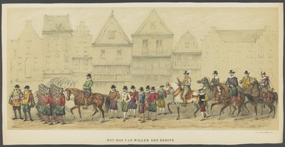 Utrechtse maskerade, plaat d: het hof, 1856 Het Hof van Willem den Eerste De Grondleggers van Neêrlands Vrijheid, (tijd van Willem I) voorgesteld door H.H. leden van het Utrechtsche studenten-corps, ter viering van het 220jarig bestaan door Anonymous