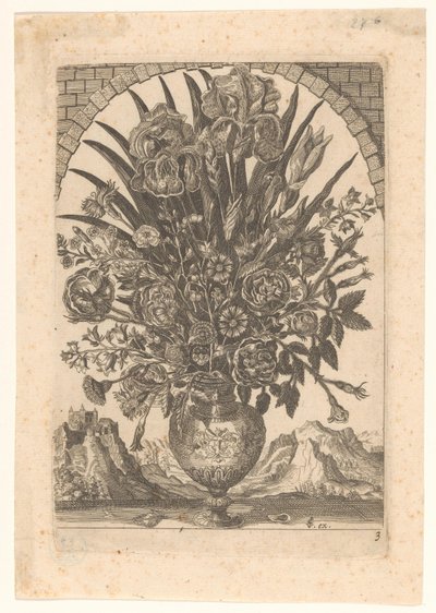 Vaas met bloemen en berglandschap door Anonymous