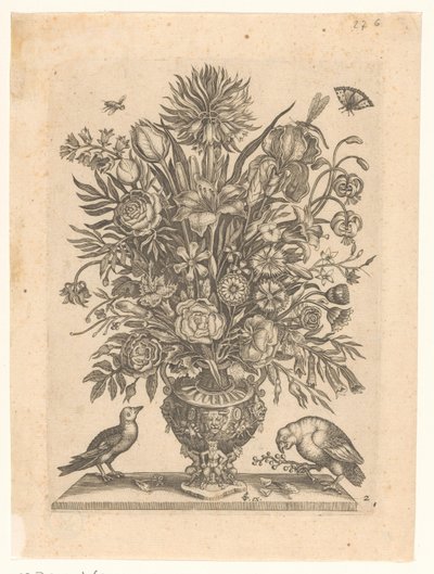Vaas met bloemen en twee vogels door Anonymous
