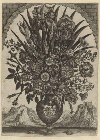 Vaas met bloemen in een boogvormig venster door Anonymous