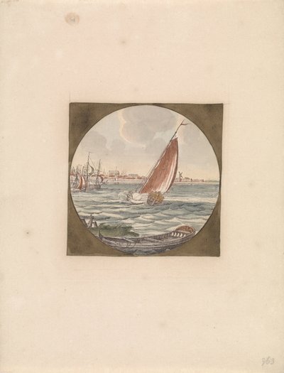 Varend zeilschip op zee en op de voorgrond een sloep door Anonymous
