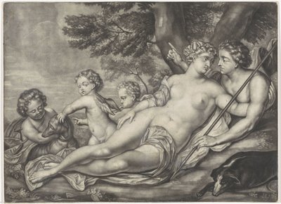 Venus weerhoudt Adonis van de jacht door Anonymous