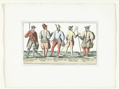 Vier boeren gekleed volgens de huidige mode en één naar de oude mode, ca. 1580 door Anonymous