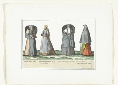 Vier vrouwen gekleed volgens de mode in Antwerpen, Brabant en 