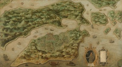 Gezicht op Ambon, met een Portret van Frederik Houtman (1571-1627) in een Cartouche door Anonymous