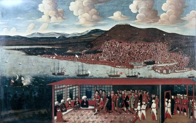 Gezicht op Smyrna (Izmir) en de ontvangst van consul de Hochepied (1657-1723) in de raadszaal door Anonymous