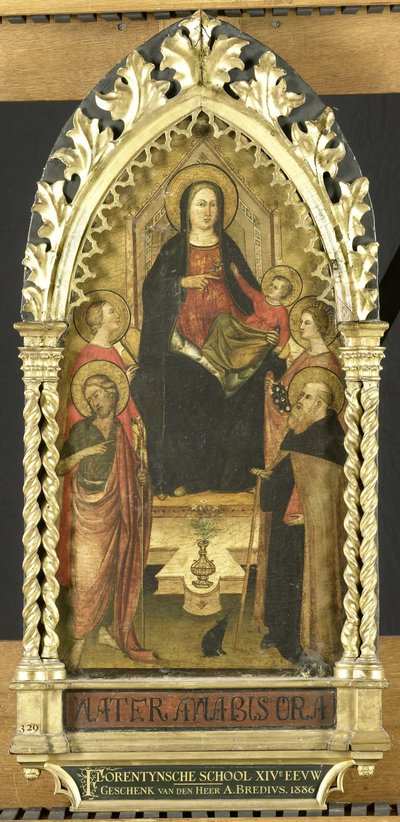 Maagd en kind op de troon met vier heiligen, Johannes de Doper, Antonius Abt, Elisabeth van Hongarije, een vrouwelijke heilige door Anonymous