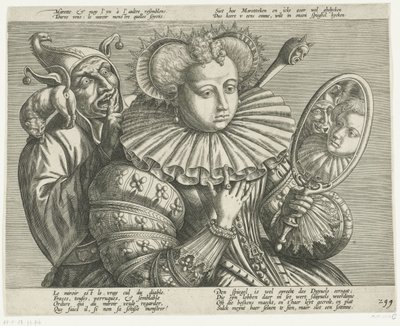 Vrouw met spiegel en nar: spotprent op de kostbare stijve plooikraag, ca. 1600 door Anonymous