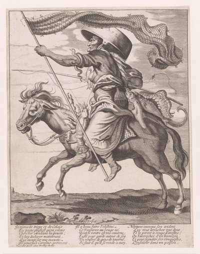 Vrouw op een paard, behangen met vissen en een visnet als vaandel met carnaval door Anonymous