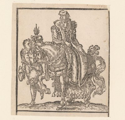 Vrouw te paard met knecht aan haar zijde Kopieën naar ruiters van Jost Amman (series title) door Anonymous