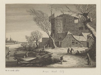 Wintergezicht op een bouwwerk aan een bevroren rivier door Anonymous