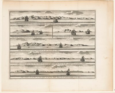 Zes aanzichten van eilanden Aldus vertoond de kust van Nova Guinea tuschen Cabo Santo Maria ende Anthony Caens Eylandt als gy daar langhs Zeylt / Aldus vertoond Anthony Caens Eylant als het Noorden van u is / Aldus vertoont Gerrit de Nys Eylandt als het No door Anonymous