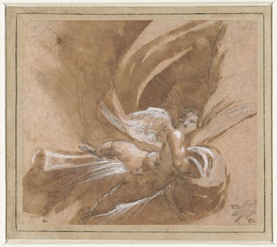 Zwevende putto die een gordijn optilt door Anonymous
