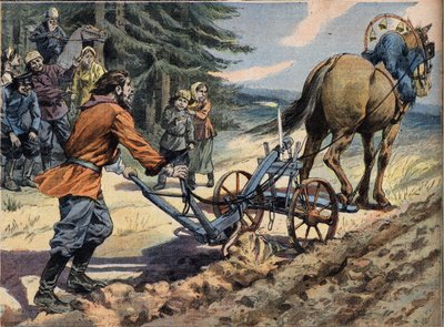 Een Russische boer ploegt het veld met behulp van een ploeg waarop een kaars ligt. Conte de Paasgravure uit de krant 
