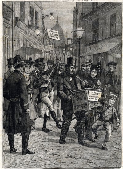 Een bedelaar genaamd Burggraaf Hinton, een barbaarse orgelspeler in de straten van Londen, werd miljonair na de dood van zijn vader Lord Poulett, die hem zijn fortuin naliet. Gravure. In 