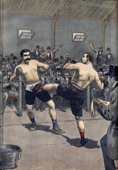 Een bokswedstrijd: overwinning van de Franse kampioen Joseph Charlemont (1839-1918) tegen Jerry Discroll met de techniek van 