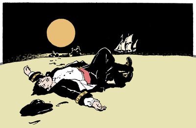 Een kapitein gedood door piraten wordt achtergelaten op een eiland, het piratenschip verdwijnt aan de horizon Illustratie uit 