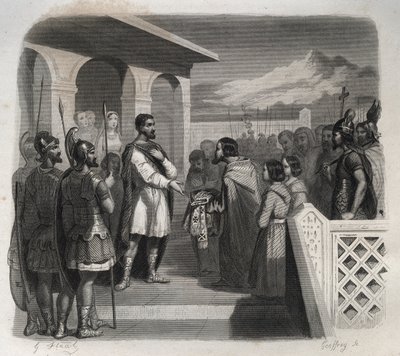 Een deputatie van de stad Clermont biedt het episcopaat aan Sint Sidoine Apollinar (Caius Sollius Apollinaris Sidonius) politicus, bisschop en Gallo-Romeinse schrijver (430-486). Gravure uit 1846 in 