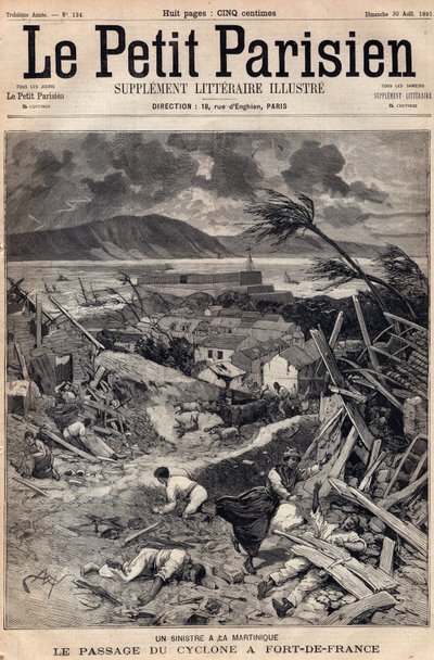 Een ramp in Martinique: de passage van de cycloon in Fort-de-France (Fort de France) in 1891. Gravure in 