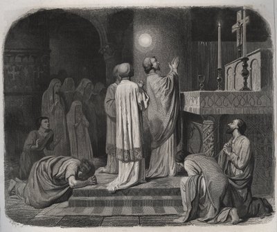 Een vuurbal verschijnt boven Sint Martinus, bisschop van Tours (316-397) terwijl hij werkt. Gravure uit 1846 in 