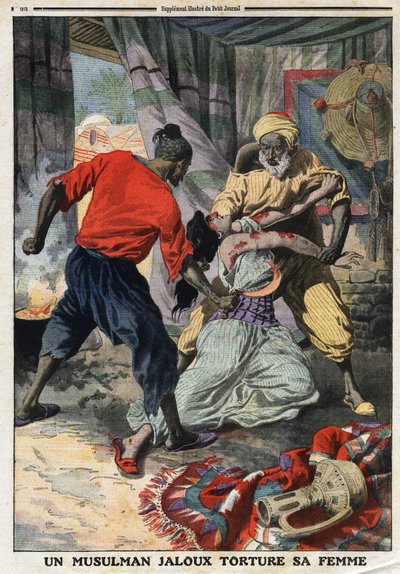 Een jaloerse moslim martelt zijn vrouw: een vrouw geslagen in het departement Constantine in Algerije. Gravure in Le Petite Journal, op 28/01/1912. Privécollectie door Anonymous Anonymous