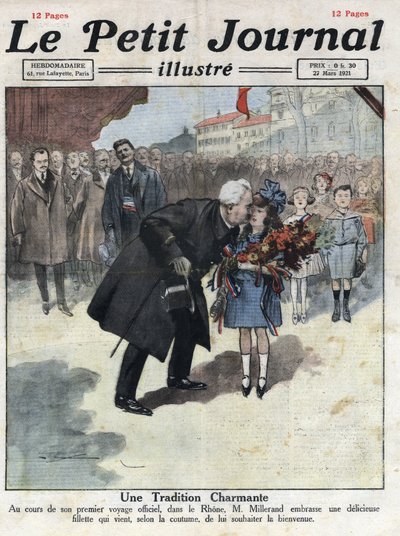 Een klein meisje biedt een boeket in driekleurige kleuren aan de President van de Republiek Alexandre Millerand tijdens een van haar verplaatsingen in de Rhône. Illustratie uit 