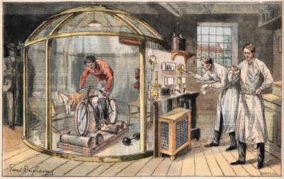 Een man in een bel: experiment over de uitgave van menselijke energie uitgevoerd door Engelse wetenschappers. Gravure uit de krant 