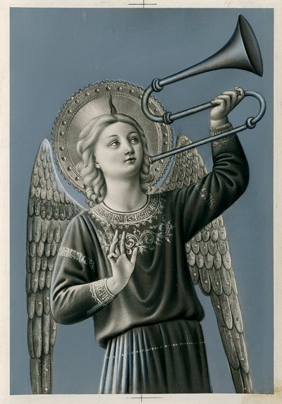 Een muzikale engel die trombone speelt (prent) door Anonymous Anonymous
