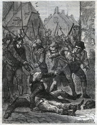 Een scène tijdens de Franse Revolutie: Theobald de Dillon (1745-1792) en een genieofficier genaamd Berthois, werden vermoord door de soldaten en het volk van Lille, die hen beschuldigden van verraad. Gravure uit 1866 in 