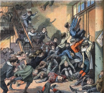 Een school verbrand in Cleveland (Verenigde Staten). Gravure uit de krant 
