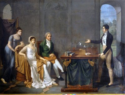 Een wetenschapper (waarschijnlijk Alessandro (Alexandre) Volta) die een wetenschappelijk experiment uitvoert voor de familie Melzi Deril. Anoniem schilderij. door Anonymous Anonymous