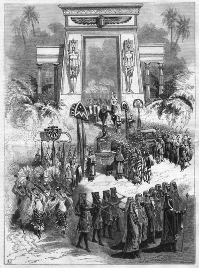 Act II van het stuk, Aida. Grand opera in vier bedrijven en zeven schilderijen door Giuseppe Verdi (1813-1901) speelt in het Italiaanse theater in Parijs. Gravure in "L