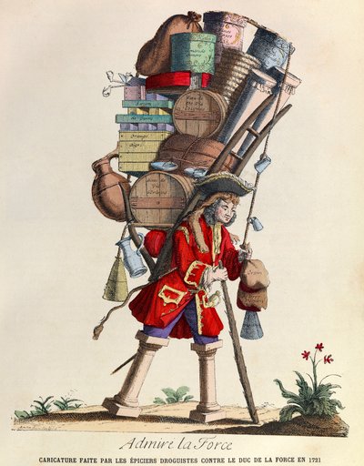 Admire La Force Karikatuur gemaakt door de apothekers van Parijs tegen de hertog van La Force in 1721 (regering van koning Lodewijk XV) - privécollectie door Anonymous Anonymous