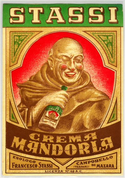 Advertentie voor amandellikeur met een monnik met rode wangen door Anonymous Anonymous