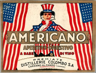 Advertentie voor Italiaanse short drink Americano, met allegorische personificatie van Amerika Uncle Sam door Anonymous Anonymous