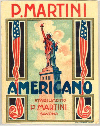 Advertentie voor Italiaanse short drink Americano, met Amerikaanse vlag en Vrijheidsbeeld door Anonymous Anonymous