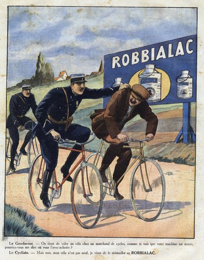 Reclame voor Robbialac verf: politieagenten beschuldigen een fietser van diefstal van zijn fiets omdat deze er nieuw uitziet dankzij Robbialac verf. Gravure in 