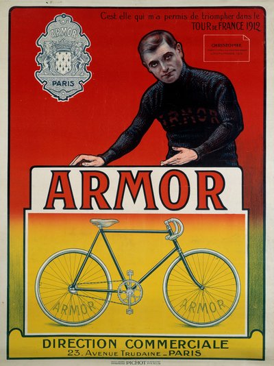 Reclameposter voor de fiets “Armor” met wielrenner Eugène Christophe (1885-1970), winnaar van 3 etappes en 2e in het algemeen klassement van de Tour de France van 1912: “Het is zij die mij liet triomferen in de Tour de France van 1912, sd 20e eeuw door Anonymous Anonymous