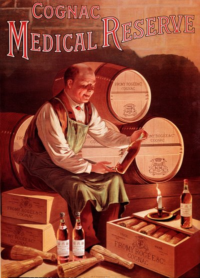 Reclameposter voor de cognac Fromy, Rogee en Cie: medische reserve. Een man in zijn wijnkelder kijkt met plezier naar een fles cognac. Anonieme illustratie. Begin 20e eeuw Privécollectie door Anonymous Anonymous