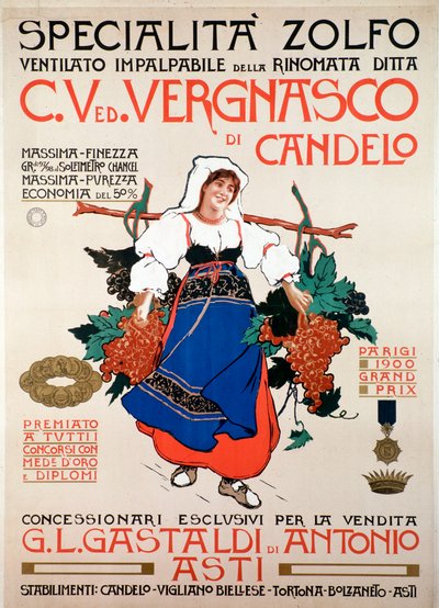 Reclameposter voor het fungicide gezeefd zwavel geproduceerd door het Italiaanse bedrijf Vergnasco Candelo door Anonymous Anonymous