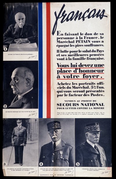 Reclameposter voor de verkoop van portretten van maarschalk Philippe Petain tijdens de Tweede Wereldoorlog en lofprijzing van Petain (verkocht ten behoeve van nationale hulp om armoede te bestrijden) door Anonymous Anonymous